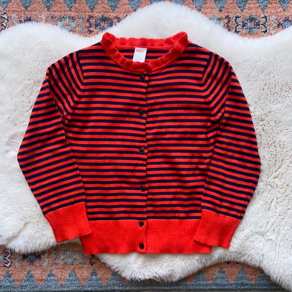 Gymboree girls striped sweater orange red and navy blue ruffle neck size M 7/8